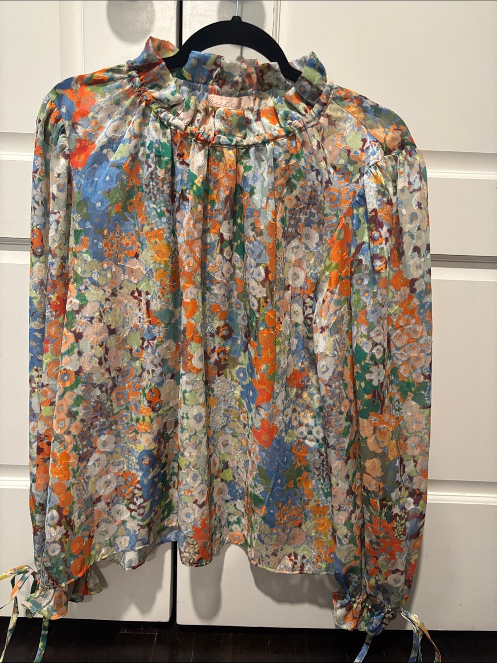 Hutch Floral Ruffle-Neck Blouse in Orange, Blue, Green, Cream